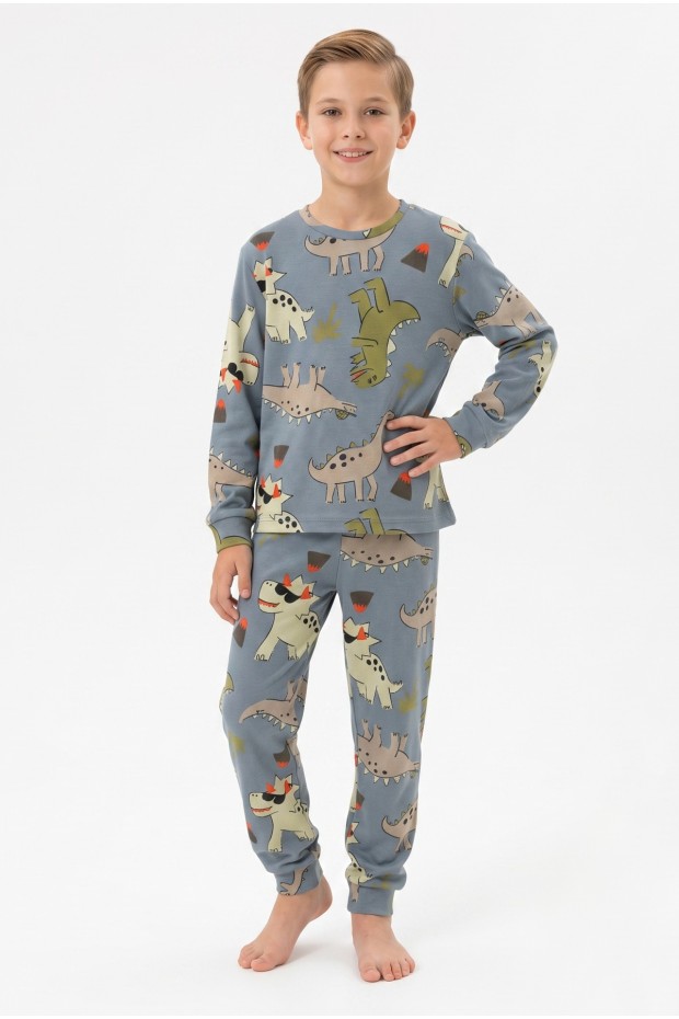Garson Erkek Çocuk Dinozor Desenli %100 Pamuk Reaktif Boyama İnterlok Kumaş Uzun Kollu Pijama Takımı
