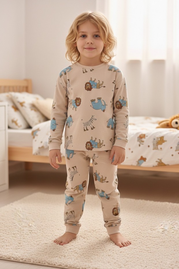Erkek Çocuk Aslan Ve Fil Desenli %100 Pamuk Reaktif Boyalı İnterlok Kumaş Uzun Kollu Pijama Takımı 