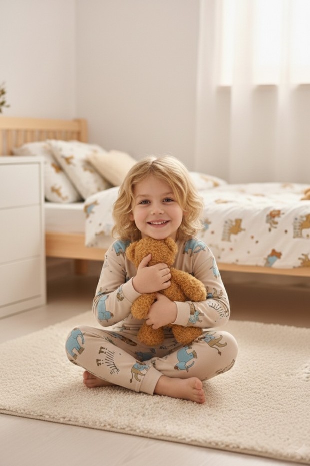 Erkek Çocuk Aslan Ve Fil Desenli %100 Pamuk Reaktif Boyalı İnterlok Kumaş Uzun Kollu Pijama Takımı 