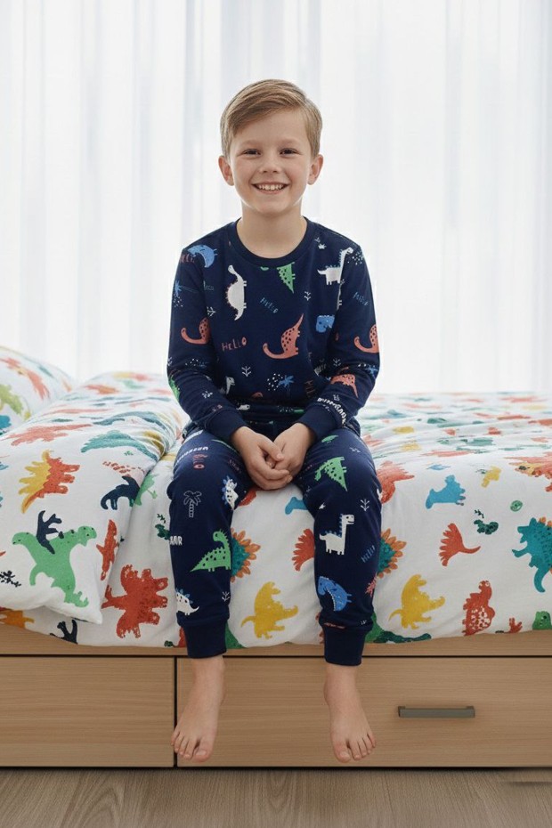 Erkek Çocuk Dinozor Desenli %100 Pamuk Reaktif Boyalı İnterlok Kumaş Uzun Kollu Pijama Takımı