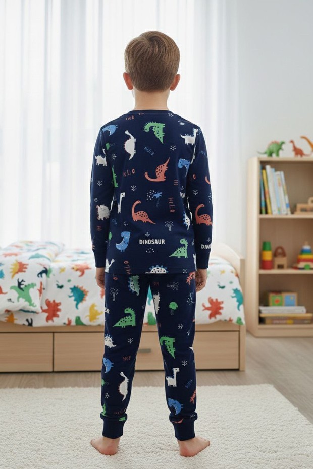 Erkek Çocuk Dinozor Desenli %100 Pamuk Reaktif Boyalı İnterlok Kumaş Uzun Kollu Pijama Takımı