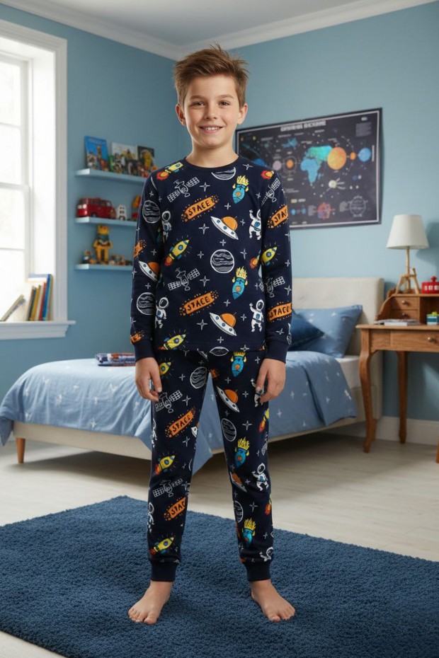 Erkek Çocuk %100 Pamuk Reaktif Boyalı İnterlok Kumaş Pijama Takımı 