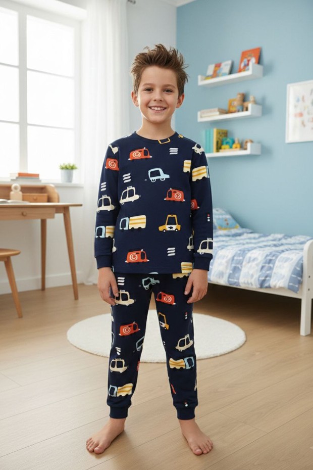 Erkek Çocuk %100 Pamuk Reaktif Boyalı İnterlok Kumaş Araba Baskılı Pijama Takımı 