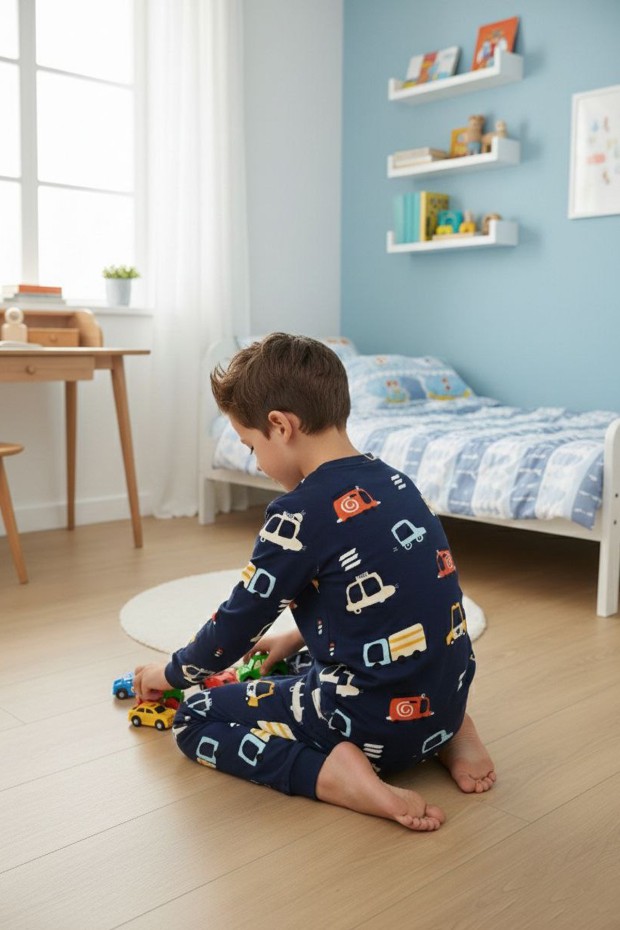 Erkek Çocuk %100 Pamuk Reaktif Boyalı İnterlok Kumaş Araba Baskılı Pijama Takımı 