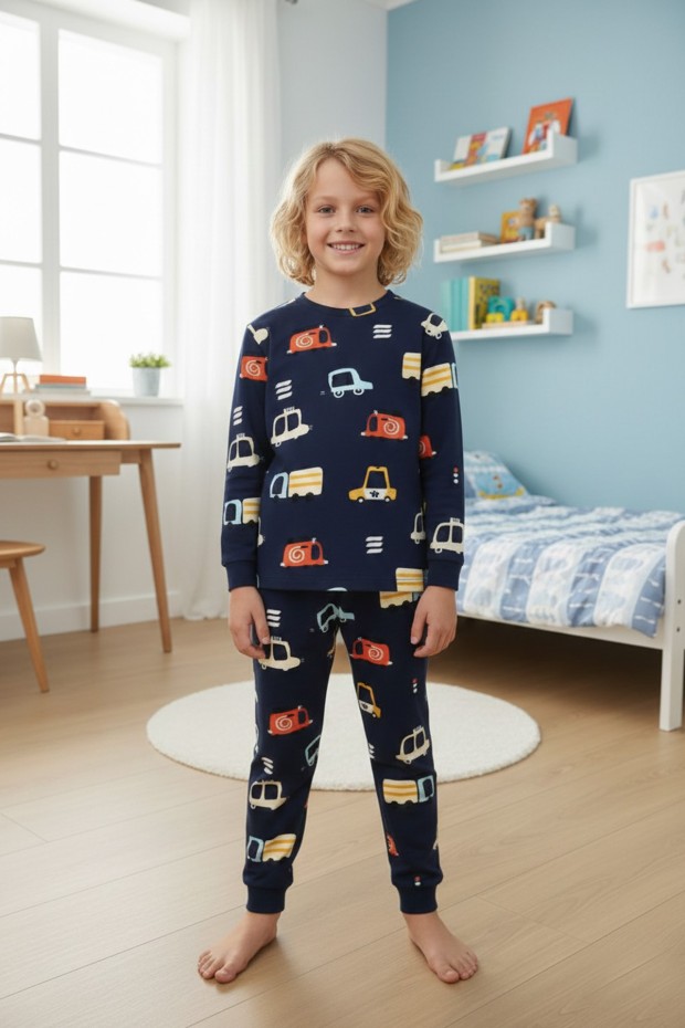 Garson Erkek Çocuk %100 Pamuk Reaktif Boyalı İnterlok Kumaş Araba Baskılı Pijama Takımı 