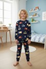 Garson Erkek Çocuk %100 Pamuk Reaktif Boyalı İnterlok Kumaş Araba Baskılı Pijama Takımı 