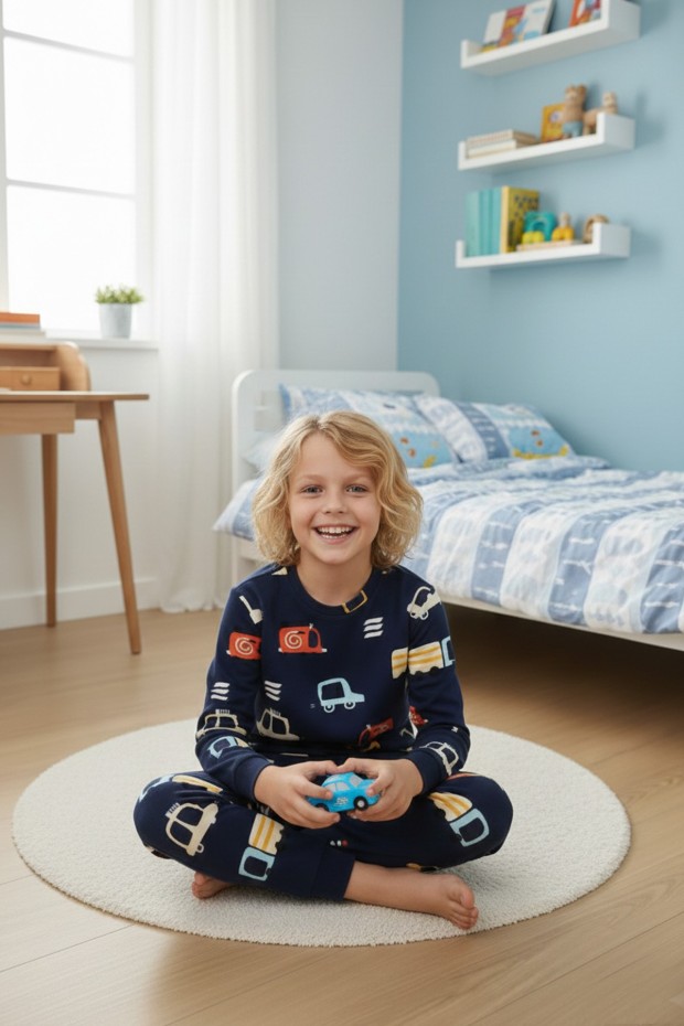 Garson Erkek Çocuk %100 Pamuk Reaktif Boyalı İnterlok Kumaş Araba Baskılı Pijama Takımı 