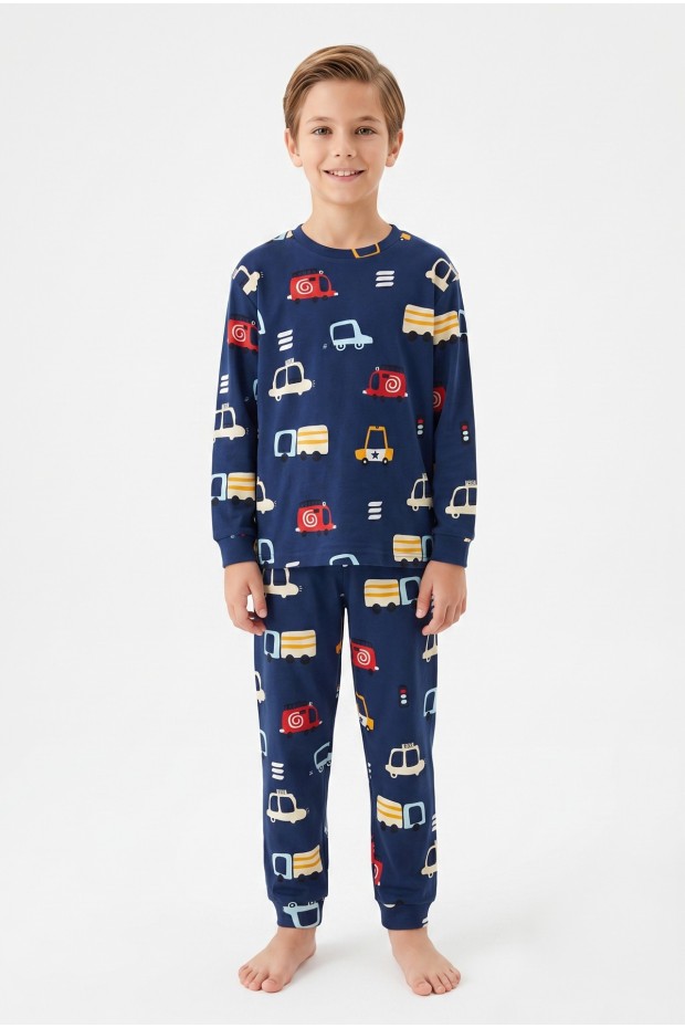 Garson Erkek Çocuk %100 Pamuk Reaktif Boyalı İnterlok Kumaş Araba Baskılı Pijama Takımı 