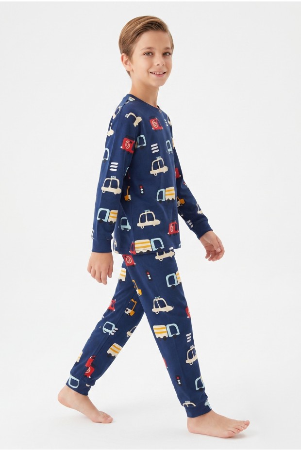 Garson Erkek Çocuk %100 Pamuk Reaktif Boyalı İnterlok Kumaş Araba Baskılı Pijama Takımı 