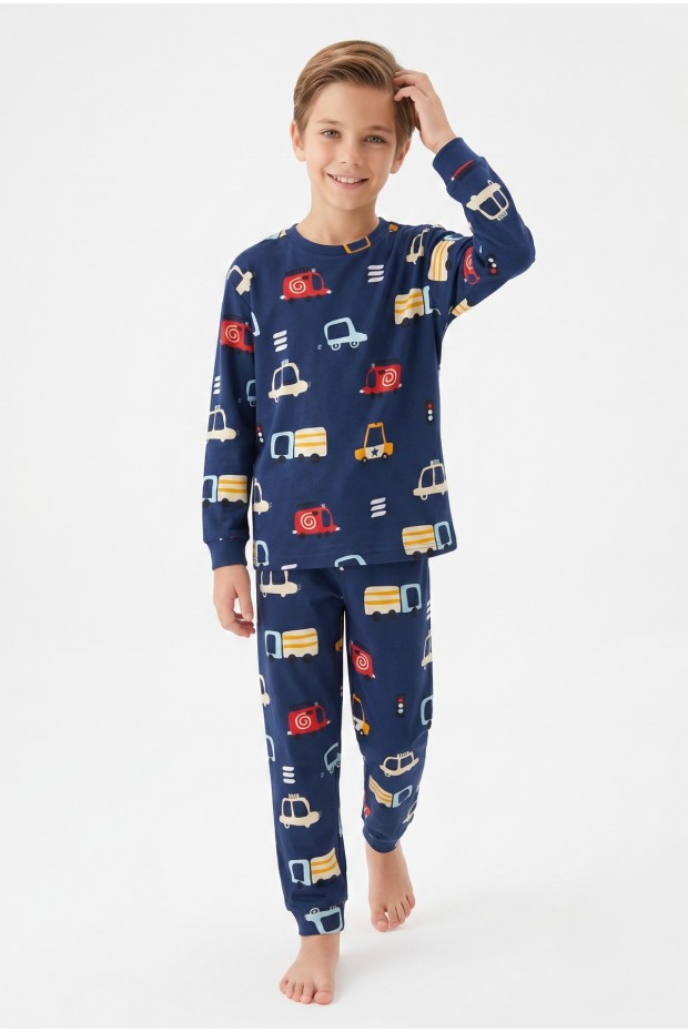 Garson Erkek Çocuk %100 Pamuk Reaktif Boyalı İnterlok Kumaş Araba Baskılı Pijama Takımı 