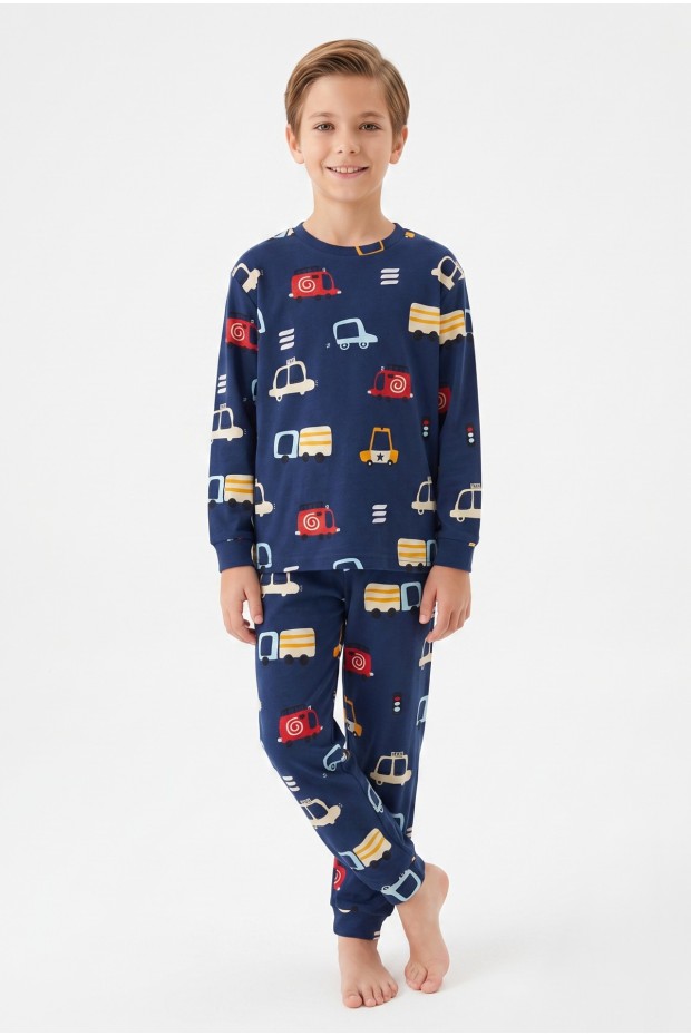 Garson Erkek Çocuk %100 Pamuk Reaktif Boyalı İnterlok Kumaş Araba Baskılı Pijama Takımı 