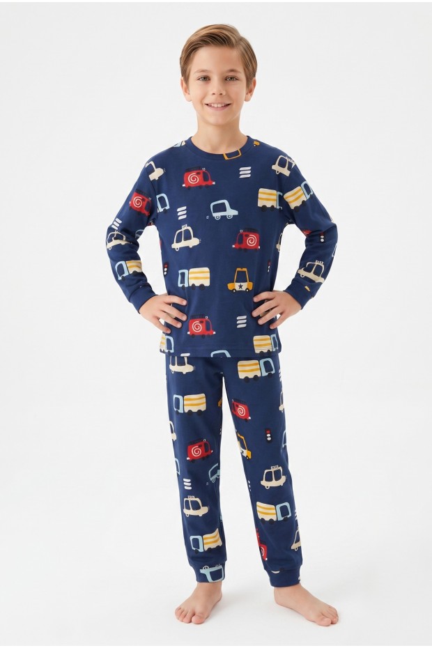 Garson Erkek Çocuk %100 Pamuk Reaktif Boyalı İnterlok Kumaş Araba Baskılı Pijama Takımı 