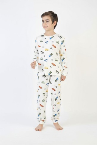 %100 Pamuk Reaktif Boyalı İnterlok Kumaş Eğlenceli Araç Baskılı Erkek Çocuk Pijama Takımı