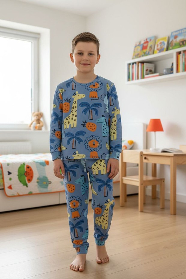 Erkek Çocuk %100 Pamuktan Üretilmiş Eğlenceli Hayvan Desenli Pijama Takımı
