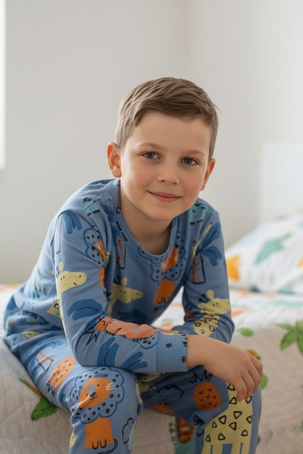 Erkek Çocuk %100 Pamuktan Üretilmiş Eğlenceli Hayvan Desenli Pijama Takımı