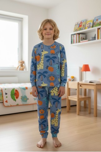 %100 Pamuktan Üretilmiş Eğlenceli Hayvan Desenli Garson Erkek Çocuk Pijama Takımı