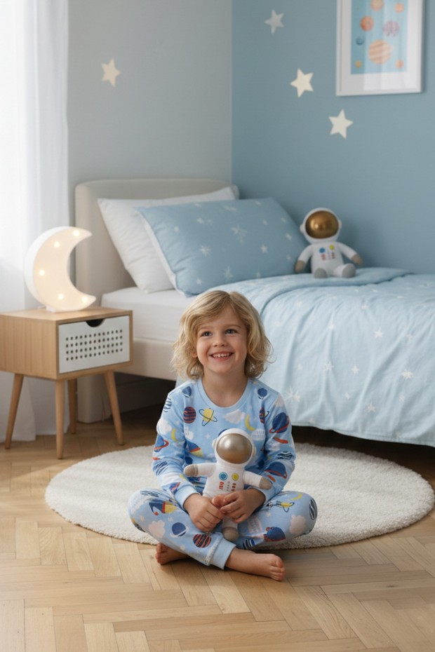 Erkek Çocuk Gezegen Desenli %100 Pamuk Reaktif Boyalı İnterlok Kumaş Uzun Kollu Pijama Takımı 