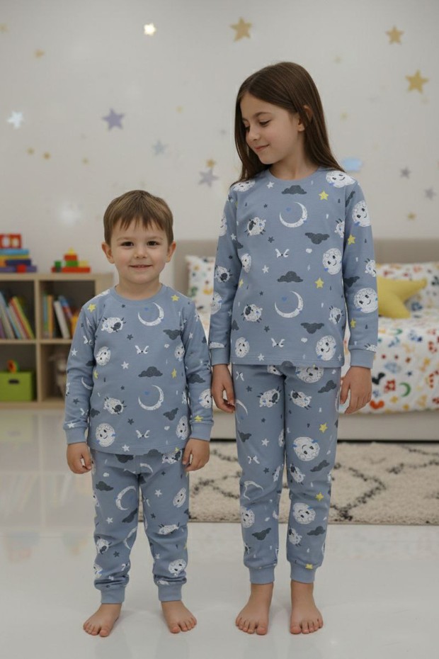 Üniseks Çocuk Ay Ve Yıldız Desenli %100 Pamuk Reaktif Boyalı Süprem Kumaş Uzun Kollu Pijama Takımı