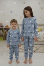 Üniseks Çocuk Ay Ve Yıldız Desenli %100 Pamuk Reaktif Boyalı Süprem Kumaş Uzun Kollu Pijama Takımı