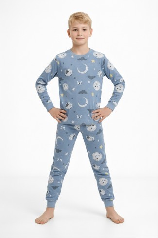 Garson Üniseks Çocuk Ay ve Yıldız Desenli %100 Pamuk Reaktif Boyalı Süprem Kumaş Uzun Kollu Pijama Takımı