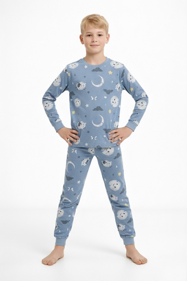 Garson Üniseks Çocuk Ay ve Yıldız Desenli %100 Pamuk Reaktif Boyalı Süprem Kumaş Uzun Kollu Pijama Takımı