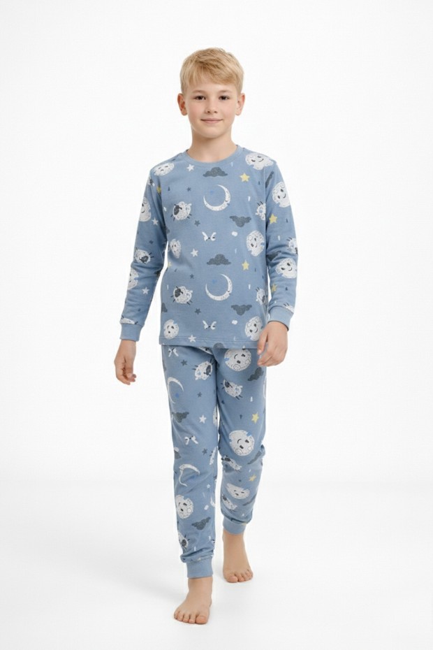 Garson Üniseks Çocuk Ay ve Yıldız Desenli %100 Pamuk Reaktif Boyalı Süprem Kumaş Uzun Kollu Pijama Takımı