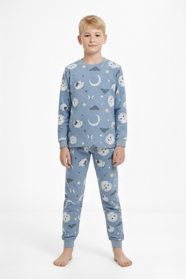 Garson Üniseks Çocuk Ay ve Yıldız Desenli %100 Pamuk Reaktif Boyalı Süprem Kumaş Uzun Kollu Pijama Takımı