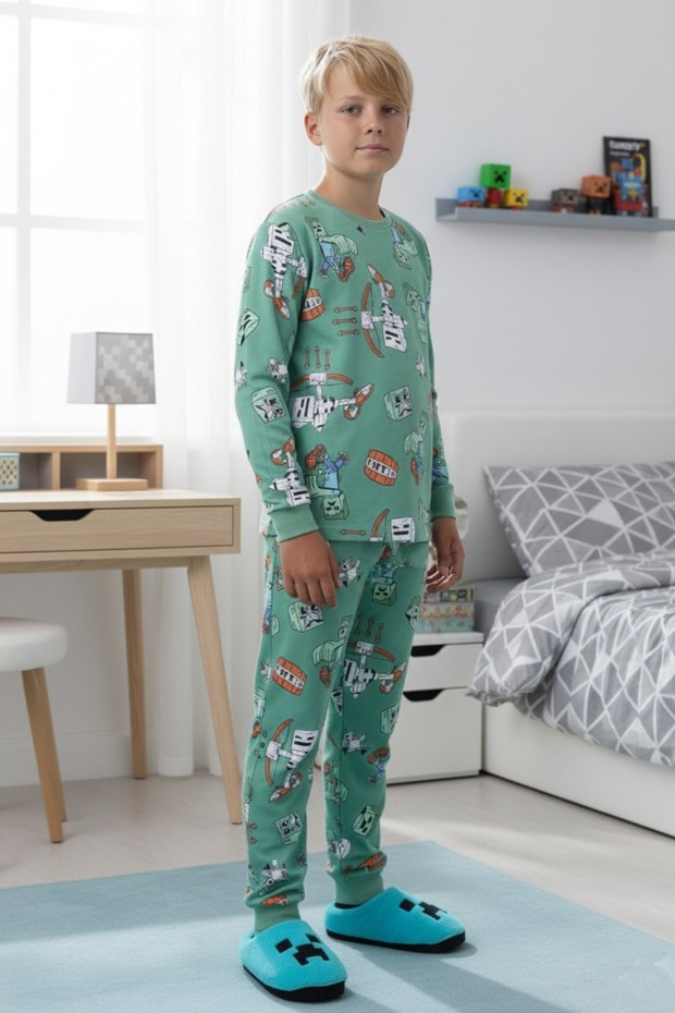 Garson Erkek Çocuk Desenli %100 Pamuk Reaktif Boyalı İnterlok Kumaş Uzun Kollu Pijama Takımı  