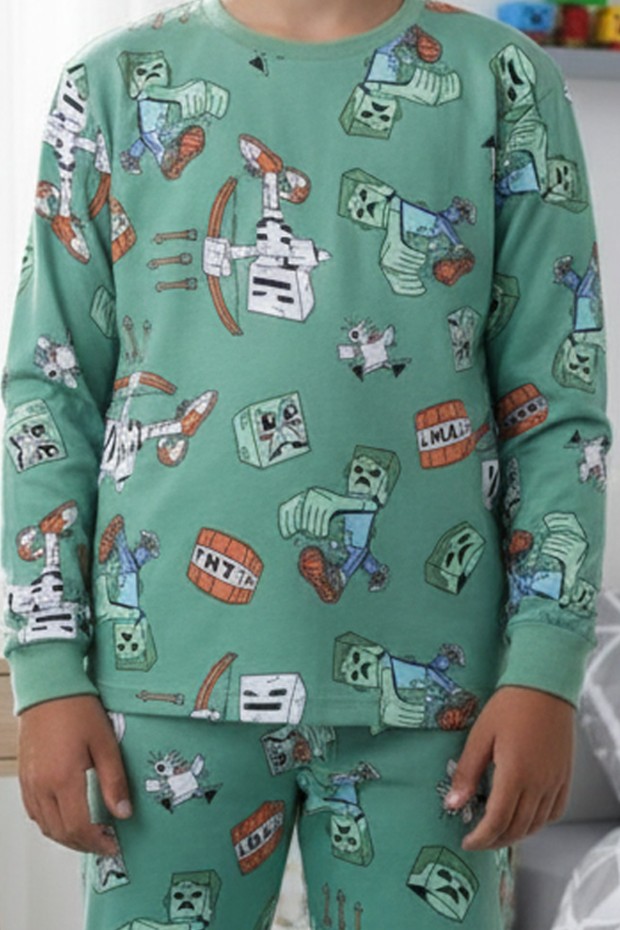 Garson Erkek Çocuk Desenli %100 Pamuk Reaktif Boyalı İnterlok Kumaş Uzun Kollu Pijama Takımı  