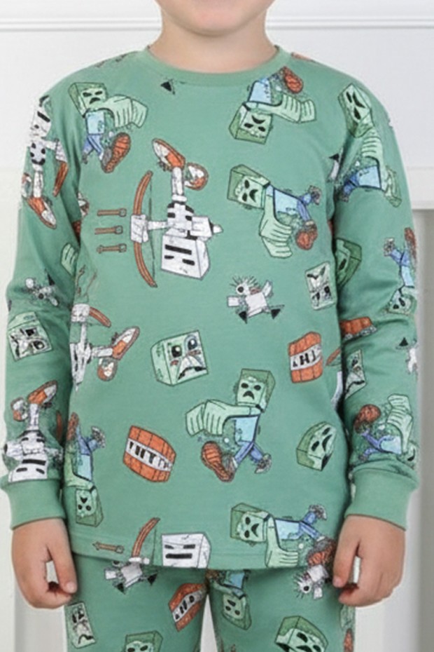 Erkek Çocuk Desenli %100 Pamuk Reaktif Boyalı İnterlok Kumaş Uzun Kollu Pijama Takımı