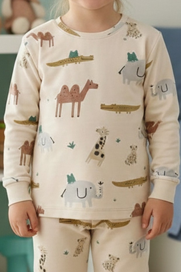 Uniseks Çocuk Safari Hayvanları Desenli %100 Pamuk Reaktif Boyalı İnterlok Kumaş Uzun Kollu Pijama Takımı