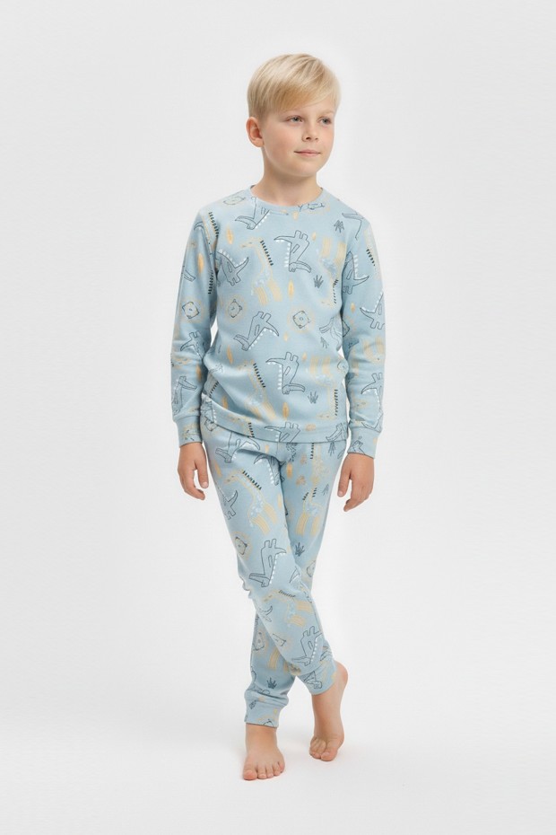 Garson Erkek Çocuk Aslan Ve Timsah Baskılı %100 Pamuk İnterlok Kumaş Uzun Kollu Pijama Takımı