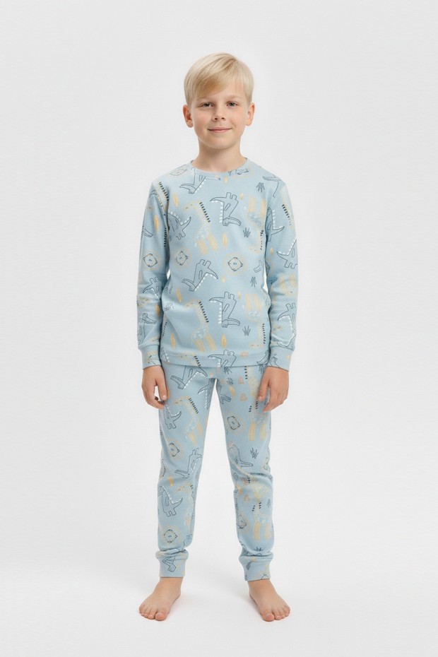 Garson Erkek Çocuk Aslan Ve Timsah Baskılı %100 Pamuk İnterlok Kumaş Uzun Kollu Pijama Takımı