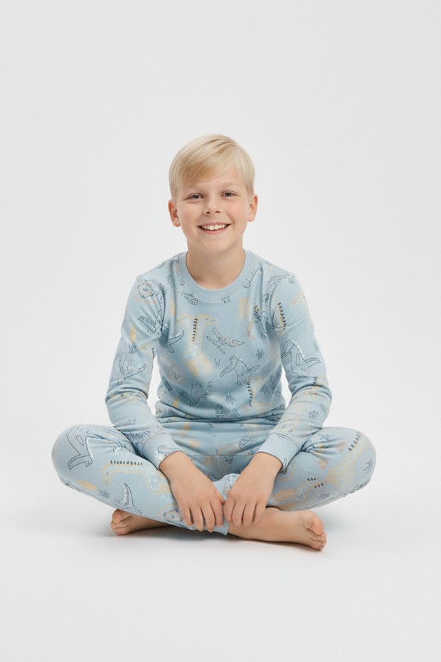 Garson Erkek Çocuk Aslan Ve Timsah Baskılı %100 Pamuk İnterlok Kumaş Uzun Kollu Pijama Takımı