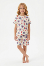 Kız Çocuk Renkli Çiçek ve Kiraz Desenli  %100 Pamuk Süprem Kumaş Reaktif Boyama Kısa Kollu Şortlu Pijama Takımı