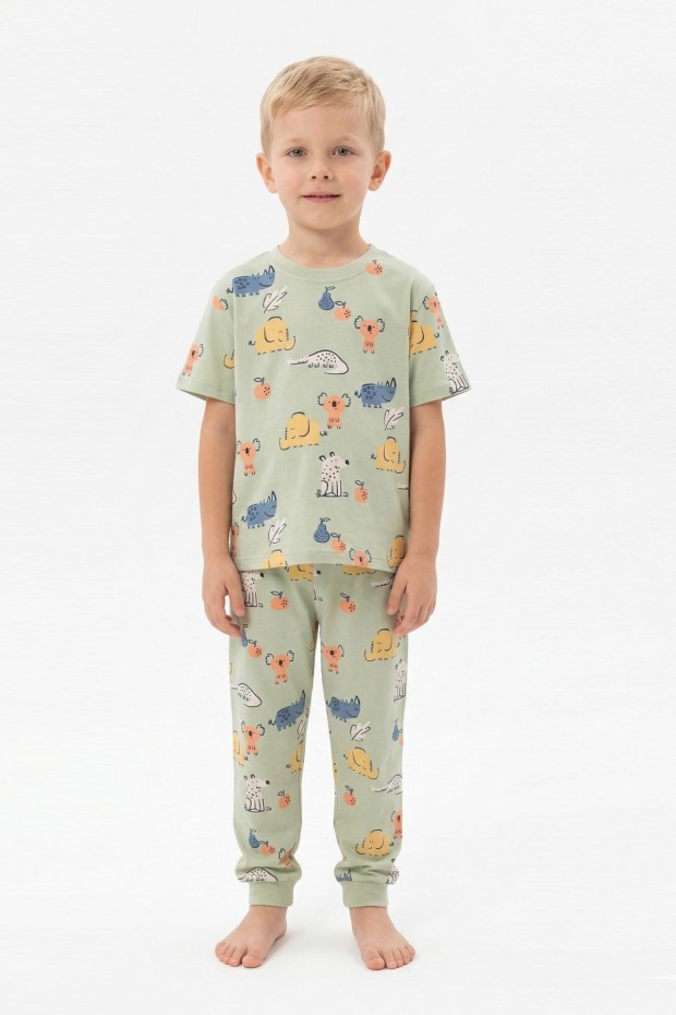 Erkek Çocuk Koala ve Fil Desenli %100 Pamuk Reaktif Boyalı Süprem Kumaş Kısa Kollu Pijama Takımı