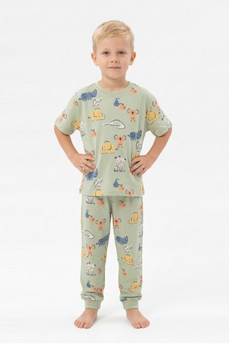 Erkek Çocuk Koala ve Fil Desenli %100 Pamuk Reaktif Boyalı Süprem Kumaş Kısa Kollu Pijama Takımı