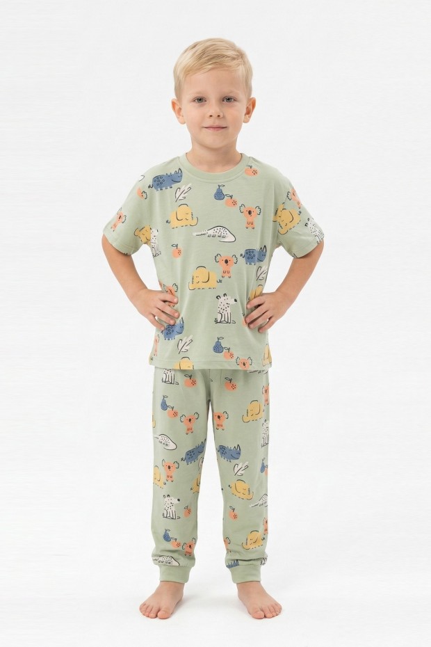 Erkek Çocuk Koala ve Fil Desenli %100 Pamuk Reaktif Boyalı Süprem Kumaş Kısa Kollu Pijama Takımı