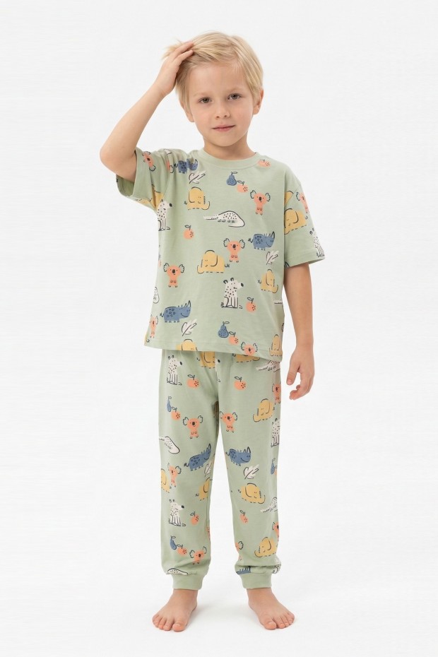 Erkek Çocuk Koala ve Fil Desenli %100 Pamuk Reaktif Boyalı Süprem Kumaş Kısa Kollu Pijama Takımı