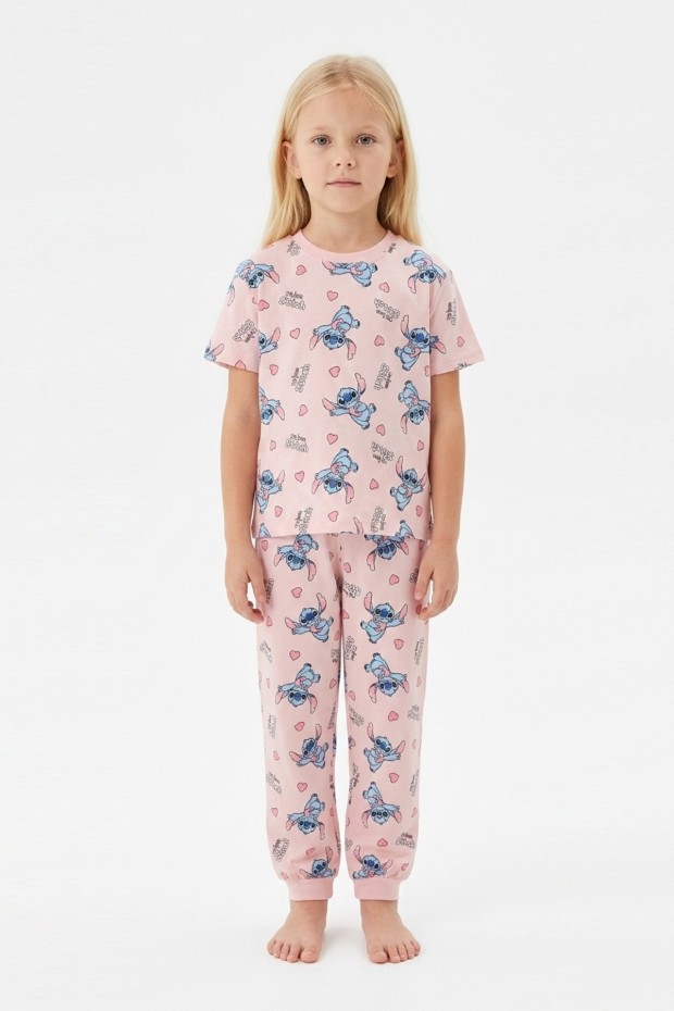 Kız Çocuk Figürlü ve Kalp Desenli %100 Pamuk Reaktif Boyalı Süprem Kumaş Kısa Kollu Pijama Takımı