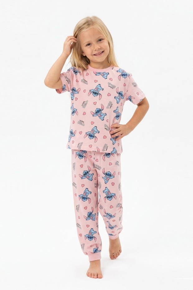 Kız Çocuk Figürlü ve Kalp Desenli %100 Pamuk Reaktif Boyalı Süprem Kumaş Kısa Kollu Pijama Takımı