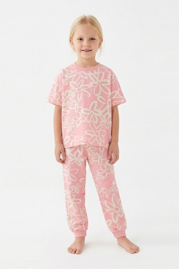 Kız Çocuk Papatya Desenli %100 Pamuk Reaktif Boyalı Süprem Kumaş Kısa Kollu Pijama Takımı