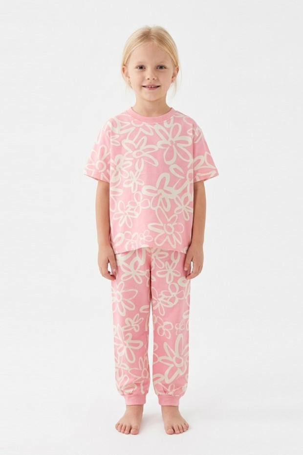 Kız Çocuk Papatya Desenli %100 Pamuk Reaktif Boyalı Süprem Kumaş Kısa Kollu Pijama Takımı