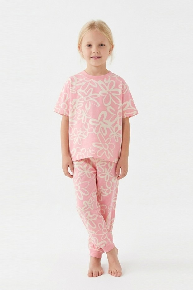 Kız Çocuk Papatya Desenli %100 Pamuk Reaktif Boyalı Süprem Kumaş Kısa Kollu Pijama Takımı