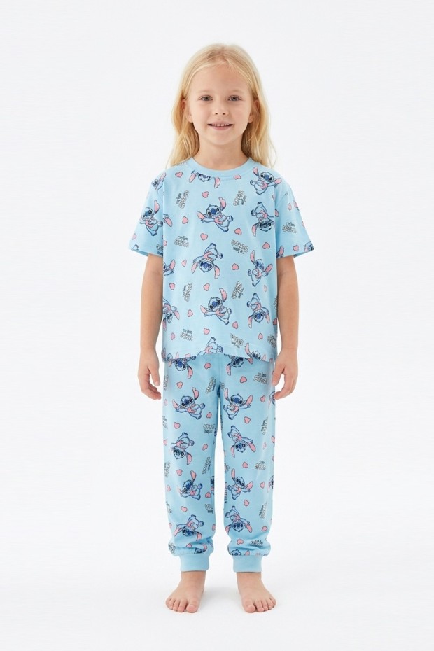 Kız Çocuk Figürlü ve Kalp Desenli %100 Pamuk Reaktif Boyalı Süprem Kumaş Kısa Kollu Pijama Takımı