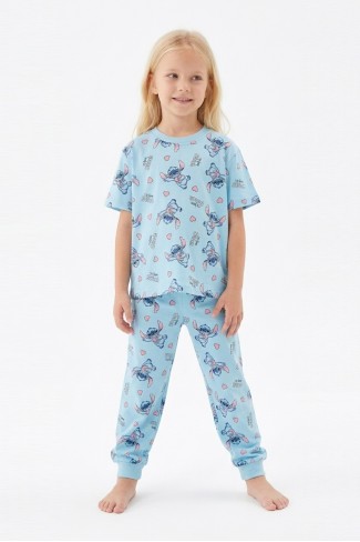 Kız Çocuk Figürlü ve Kalp Desenli %100 Pamuk Reaktif Boyalı Süprem Kumaş Kısa Kollu Pijama Takımı