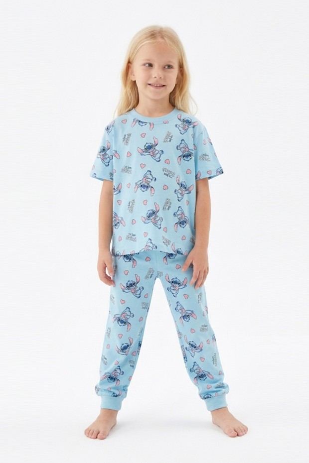 Kız Çocuk Figürlü ve Kalp Desenli %100 Pamuk Reaktif Boyalı Süprem Kumaş Kısa Kollu Pijama Takımı