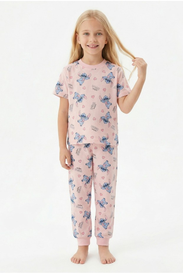 Kız Çocuk Figürlü ve Kalp Desenli %100 Pamuk Penye Süprem Kumaş Kısa Kollu Pijama Takımı