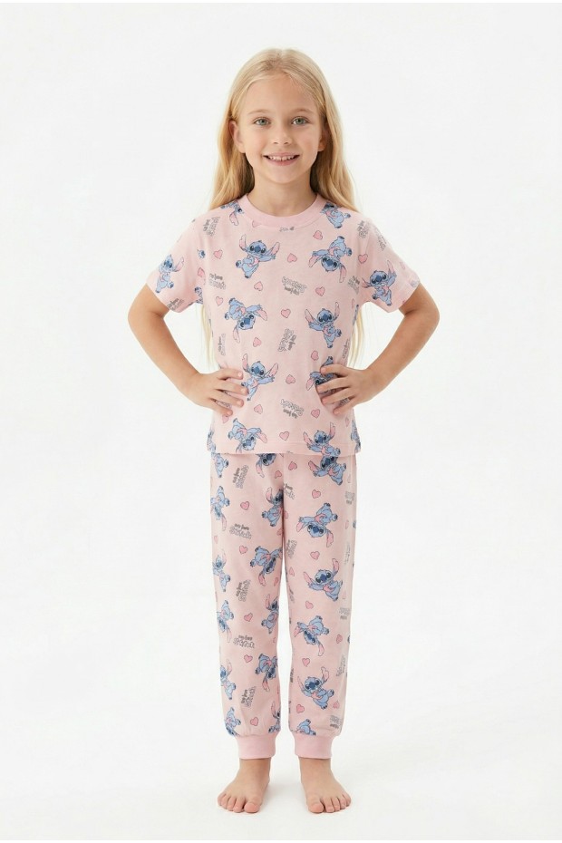 Kız Çocuk Figürlü ve Kalp Desenli %100 Pamuk Penye Süprem Kumaş Kısa Kollu Pijama Takımı