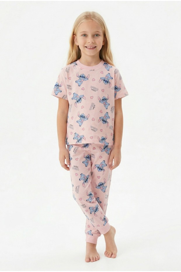 Kız Çocuk Figürlü ve Kalp Desenli %100 Pamuk Penye Süprem Kumaş Kısa Kollu Pijama Takımı